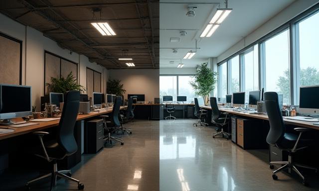 Before and after image of a cleaned office space