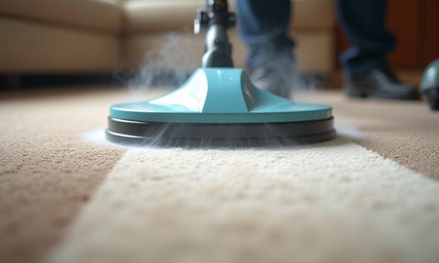 Carpet being steam cleaned with professional equipment