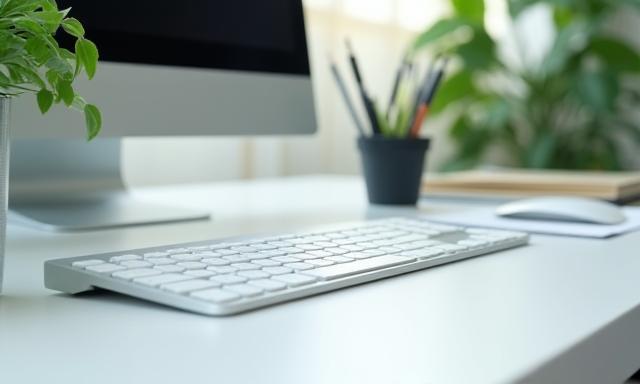 Tidy office desk with a computer and plants